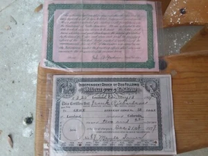 2 Antique 1900s "Order of Odd Fellows" Certificates + Rebekah Fraternity - Picture 1 of 3