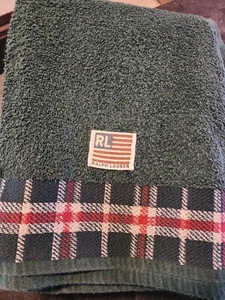 2 Vintage Ralph Lauren Home Collection Bath Towels GREEN 26x48 Plaid Trim - Picture 1 of 11