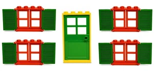 LEGO windows with shutters + doors for house # pack x5 # frames red panes - Picture 1 of 3