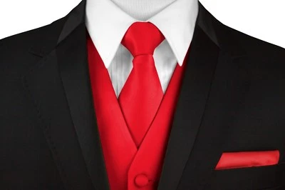 Men's Scarlet Satin Formal Tuxedo Vest, Tie & Hankie Set Wedding Prom Homecoming - Image 1 of 4
