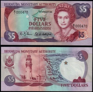 BERMUDA 5 DOLLAR (P35a) 1989 QEII PRÄFIX B/1 000470 NIEDRIGE NUMMER UNC - Bild 1 von 1