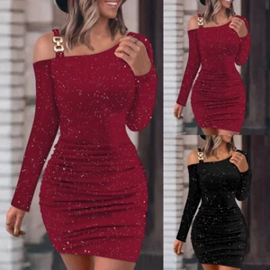 Womens Shiny Sexy Bodycon Mini Dress Ladies Evening Party Cocktail Ball Gown US - Picture 1 of 11