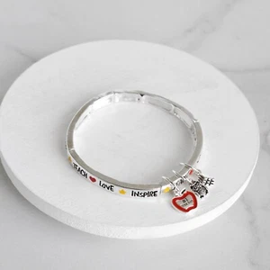 Brazalete Brazalete Regalo Vacaciones Maestro Tono Plata 3 Dijes #1 Apple Owl Books - Imagen 1 de 3