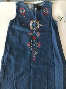 LUCKY Brand Geo Sleeveless CALI Lucy Wash Denim DRESS Girls Sz LARGE 12 / 14 NEW - Picture 1 of 11