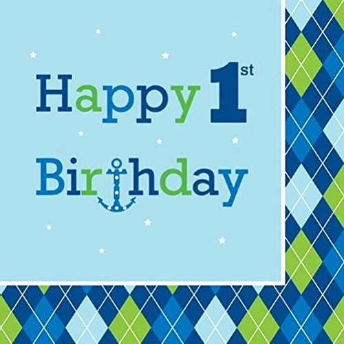 16-Count Paper Lunch Napkins, Ocean Preppy Boy Happy 1st Birthday 3 Package Lot - Image 1 of 1