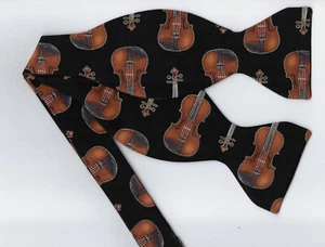 Violin Bow tie, String Instrument Metallic Gold Trim on Black, Self-tie Bow tie - Picture 1 of 5