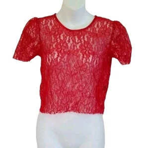 SAY WHAT? Womens Lace Top SZ L Floral Red Metallic Sheer No Lining Short Sleeve - Picture 1 of 4