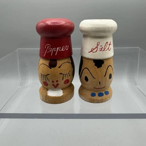 1950s Vintage Japan Salt and Pepper Shakers Salty Peppy Wood Hand Painted - Picture 1 of 7
