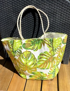 Beach Bag Summer Holiday Tropical Design Metallic Gold Green Leaves Lined 48x36 - Picture 1 of 6