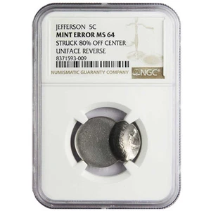 Jefferson 5c Mint Error Struck 80% Off Center Uniface Reverse MS64 NGC Brown - Picture 1 of 2