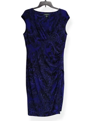 LAUREN by Ralph Lauren Black Blue Faux Wrap Sleeveless Dress, Women 14 - Image 1 of 4