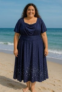eShakti Wayward Fancies Dress 3X 24W Navy Blue Star Midi Whimsical Celestial - Picture 1 of 5