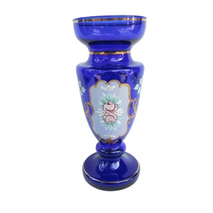 HUT JAKUB TASICE Vase 1796 COBALT BLUE HAND PAINTED 9" tall Vintage - Picture 1 of 10