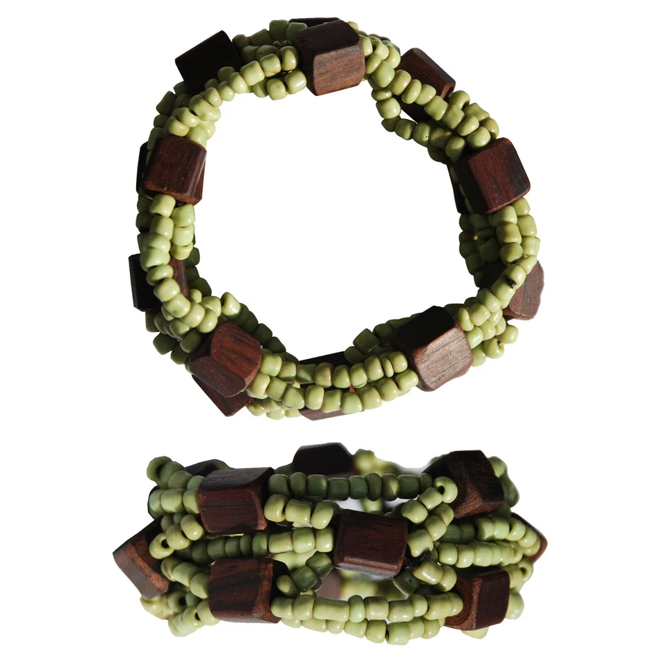 Parrot Green 10-strand Elastic Bracelet Glass Dark Hard Wood Beads
