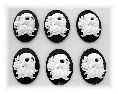6 Goth Punk Zombie WHITE SKULL w/ ROSES & TATTOOS on BLACK 25mm x 18mm CAMEOS - Изображение 1 из 2