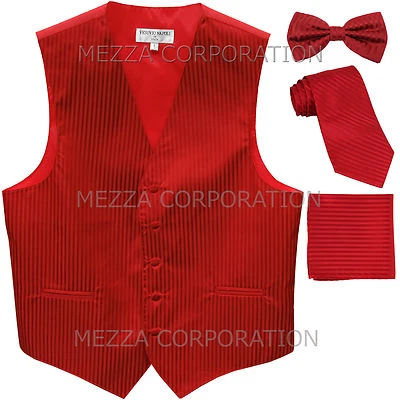 New Men's Tuxedo Vest Vertical Stripes Necktie, Bowtie & Hankie set party Red - Image 1 of 4