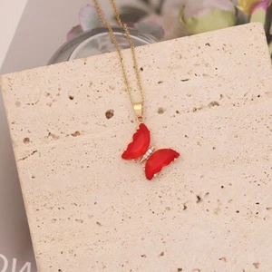 Gold Colored Butterfly Necklace-Red - Picture 1 of 1
