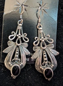 Fish Hook Sterling Silver & Black Onyx Ribbon Dangle Earrings - Picture 1 of 2