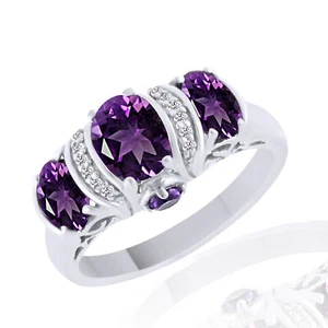 Engagement Promise Ring Simulated Amethyst 14K White Gold Plated Sterling Silver - Picture 1 of 2