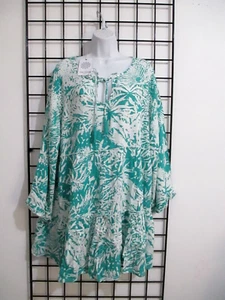 "NEW" BLUE ISLAND 🌸 SIZE 1X==CUTE / AQUA & WHITE PRINT / COVER UP / SHORT DRESS - Picture 1 of 8