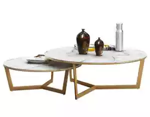 Coffee Table NESTING MARBLE Top WHITE BLACK Steel Gold Base BLACK GOLD Brand New - Picture 1 of 4