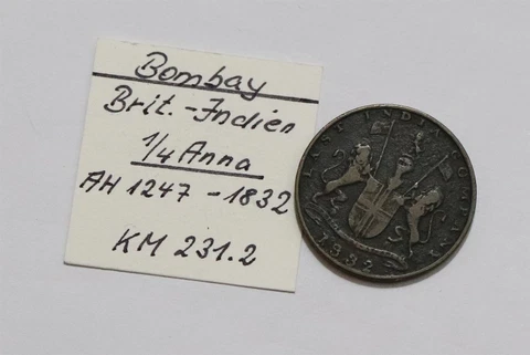 🧭 🇮🇳 INDIA BOMBAY 1/4 ANNA 1832 B55 #K3033 Cover