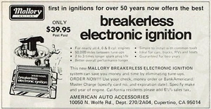 1977 Vintage Print Ad Mallory Breakerless Electronic Ignition American Auto Acce - Picture 1 of 2