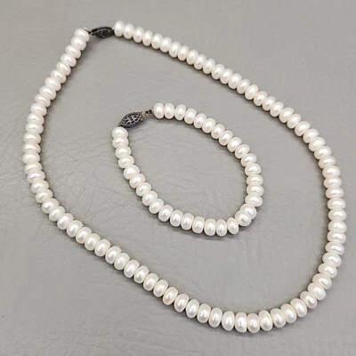 Juego de pulsera collar de perlas firmado con botón con cuentas plata de ley 925 18" Foto 1 de 4