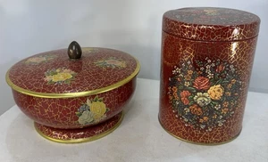 2 Vintage Tin Containers Daher Red w/gold crackle flowers England - Picture 1 of 8
