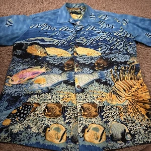 Moon Dog Hemd Herren Extra Large Blau Grün Hawaii Fisch Knopfleiste Ozean Print - Bild 1 von 4