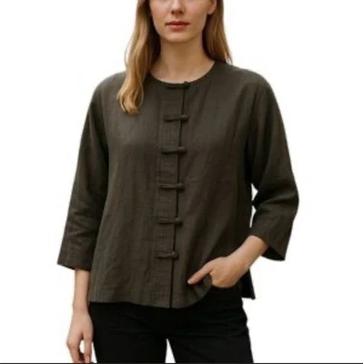 Blusa EILEEN FISHING S Marrom Linho Seda Sapo Fecho Mandarim Lagenlok Boho - Imagem 1 de 4