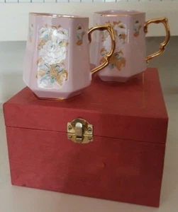 2 CZECHOSLOVAKIA PINK PORCELAIN CUPS FLORAL DESIGN AND GOLD TRIM 3.5 INCH 6 OZS - Picture 1 of 7