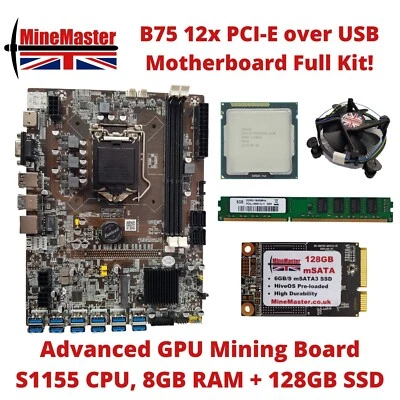 B75 BTC 12 PCI-E/USB GPU Crypto Mining Motherboard CPU 8GB RAM 128GB SSD kit! - Image 1 of 4