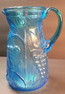Jarra de vidrio Rossini genuino Empoli azul aguamarina uvas en relieve hecha en Italia - Imagen 1 de 8