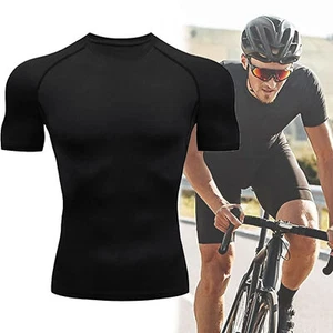 (Black M)Men's Cool Dry Short Sleeve Compression Shirts Sports T Shirts Top EC - Picture 1 of 14