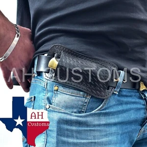 FUNDA HORIZONTAL HECHA A MANO DE CUERO PURO GRABADA PARA CUCHILLO DE BOLSILLO PLEGABLE AH - Imagen 1 de 4