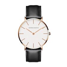 Hannah Marting Golden Black Leather Strap Wrist Watch Unisex Water Resistant 