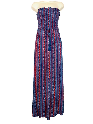 BAND OF GYPSIES Maxi Vestido Sin Tirantes M Rojo Azul Floral Smocking Rayas Boho Foto 1 de 4