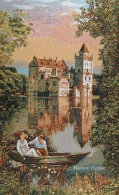 33" WALL JACQ. WOVEN TAPESTRY Romantic Date near the Castle EURO DECOR VICTORIAN - Image 1 of 2