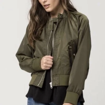 Free People Olive Green Full Zip Puffer Nylon Aviator Flight Winter Jacket NEW L - Image 1 of 4