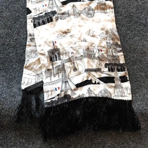 Paris Scenes French Zazou Luxe Silk Jacquard Scarf Classic Black White Fringe - Picture 1 of 8
