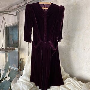 Details about   Antique 1930s Black Silk Velvet Dress Ruching Long Sleeves Bias  Vintage