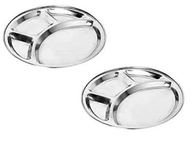 Stainless Steel Bhojan Patra Thali 4 Compartment Round Plates 10 Inch Set Of 2 - Image 1 of 4