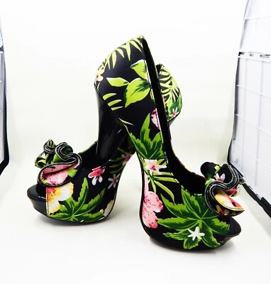 PinUp Couture Lolita-11 Negro Tropical Floral Tela Peeptoe Plataforma Talla 6M EE. UU. Foto 1 de 4