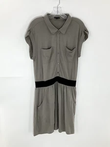 Theory Women's Shirt Dress Sz M Short Sleeve Pockets Elastic Waist Olive - Picture 1 of 13