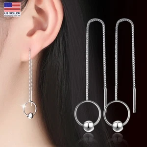Women 925 Sterling Silver Earrings Circle Beads Tassel Threader Ear Chain 1954 - Picture 1 of 4