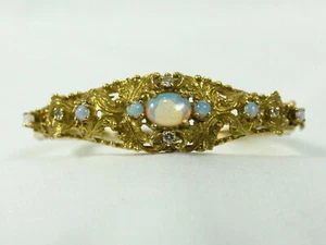 Antique Jack Gutschneider 14k Yellow Gold Filigree Opal Diamond Cuff Bracelet - Picture 1 of 10