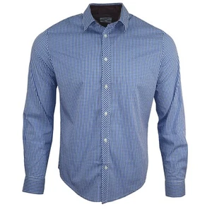 Men's Ex UK Chain store Blue Small Check L/S Cotton Summer Casual Shirt N8 - Picture 1 of 3