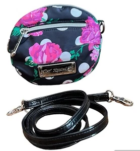 Betsey Johnson Mini Crossbody Bag Purse Black Pink Floral Clutch Cosmetic Pouch - Picture 1 of 17