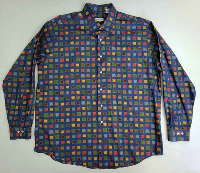 Vtg Bullock & Jones Made In USA Blue Squares Abstract Geo Art Pattern Shirt XL - Image 1 of 4